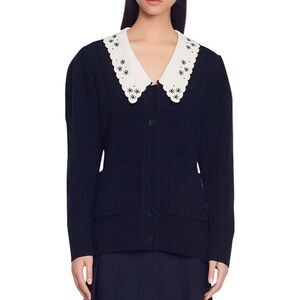 SANDRO Porcelaine Collared Dark Blue Wool Cardigan